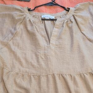 Tan Linen-Like Dress with Keyhole Neckline